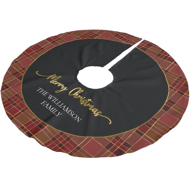 Red Gold Kariert Weihnachten Tartan Brushed Polyes Polyester Weihnachtsbaumdecke (Schrägansicht)
