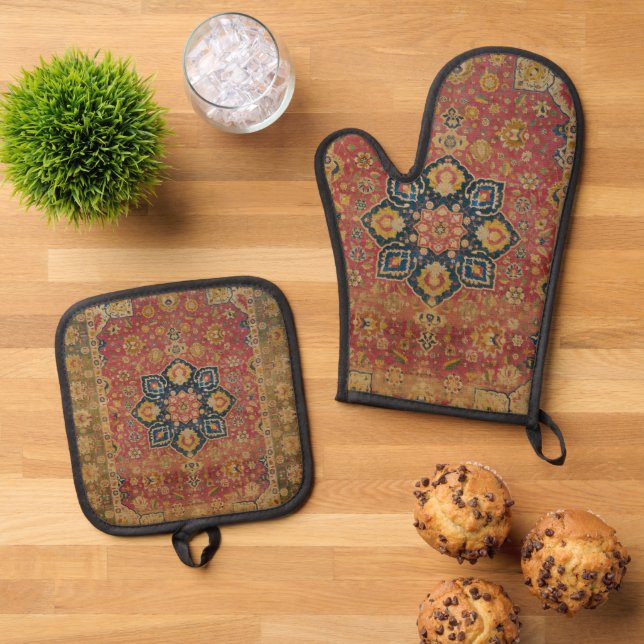 Red Gold Kashan Tepet Rug Persian Asian Ofenhandschuh & Topflappen-Set (Oben Unten)