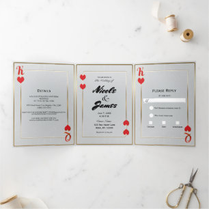 Red Gold King & Queen of Hearts Casino Dreifach Gefaltete Einladung