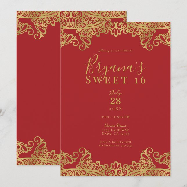 Red & Gold Lace Elegant Sweet 16 Party Einladung (Vorne/Hinten)