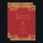 Red & Gold Lace Elegant Sweet 16 Party Einladung<br><div class="desc">Anpassen für jedes Ereignis</div>