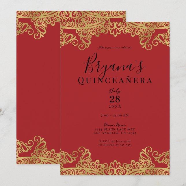 Red & Gold Lace Elegantes Quinceñera Party Einladung (Vorne/Hinten)