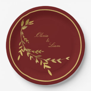 Red Gold Leaf Elegant Name Script Hochzeit Pappteller