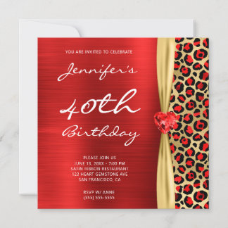 Red Gold Leopard Foil Gem Ribbon 40. Geburtstag Einladung