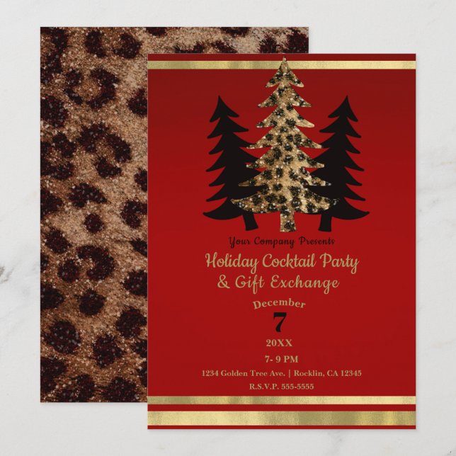 Red Gold Leopard Glam Weihnachtsbaum Party Einladung (Vorne/Hinten)