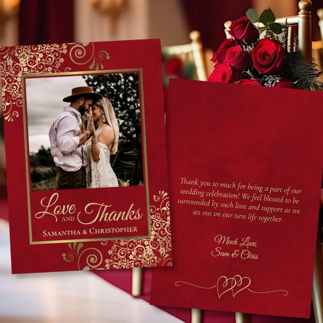 Red & Gold Liebe & Danke Foto & Note Wedding (Front/Back)