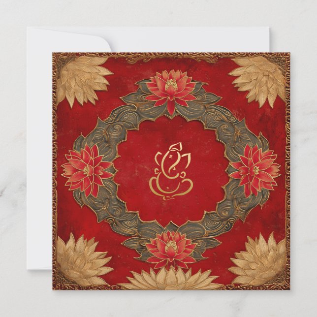 Red Gold Lotus Ganesh God Indian Wedding Einladung (Vorderseite)