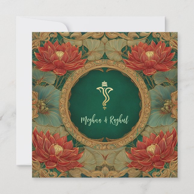 Red Gold Lotus Green Indian Ganesh Wedding Einladung (Vorderseite)