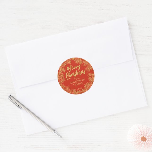 Red Gold Modernes Botanisches Elegantes Weihnachts Runder Aufkleber (Umschlag)