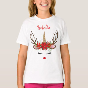 Red & Gold Monogram Weihnachts-Einhorn-Rentier T-Shirt