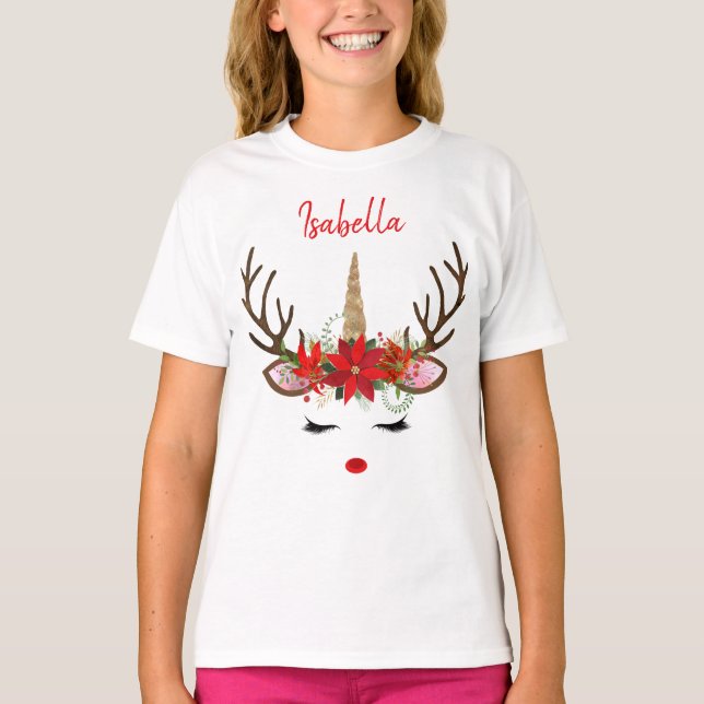 Red & Gold Monogram Weihnachts-Einhorn-Rentier T-Shirt (Vorderseite)
