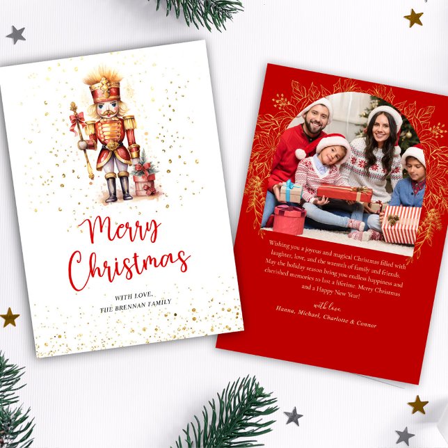 Red Gold Nutcracker Foto Frohe Weihnachten (Red Gold Nutcracker Photo Merry Christmas Holiday Card)