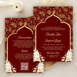 Red Gold Paisley Floral QR Code Indian Wedding Einladung