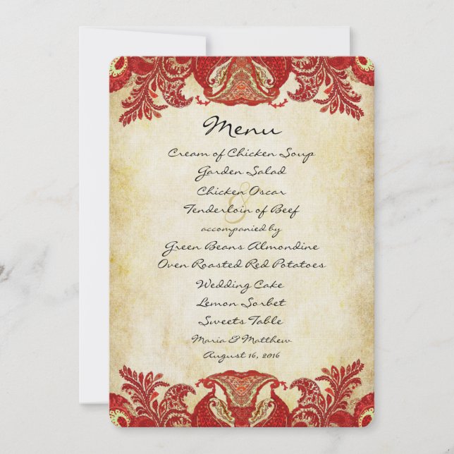 Red Gold Paisley Peacock Colors Wedding Einladung (Vorderseite)