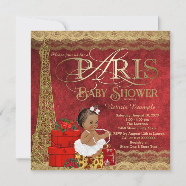 Red Gold Paris Ethnic Girl Baby Dusche Einladung (Vorderseite)
