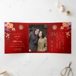  Red Gold  Peony Photo Chinese Wedding Dreifach Gefaltete Einladung