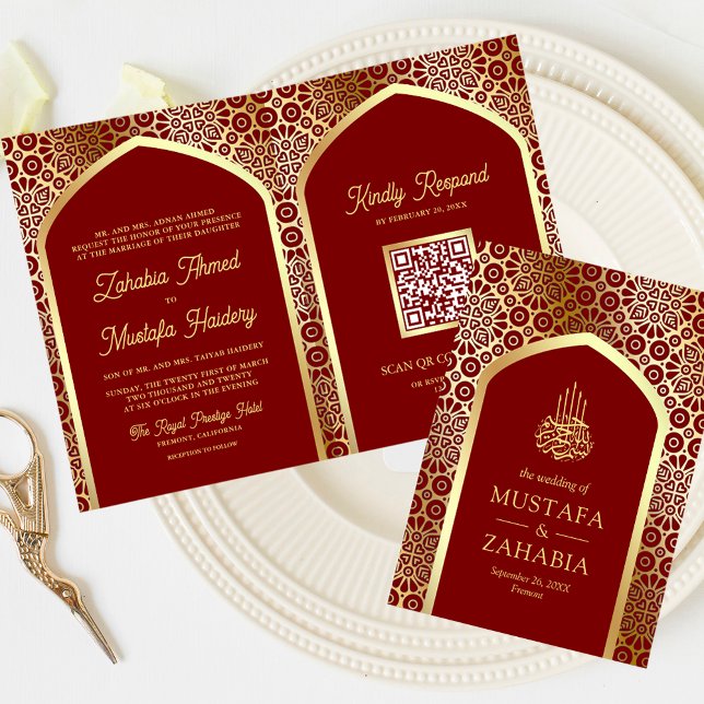 Red Gold Persian Arch QR Code Muslime Hochzeit Einladung (Von Creator hochgeladen)