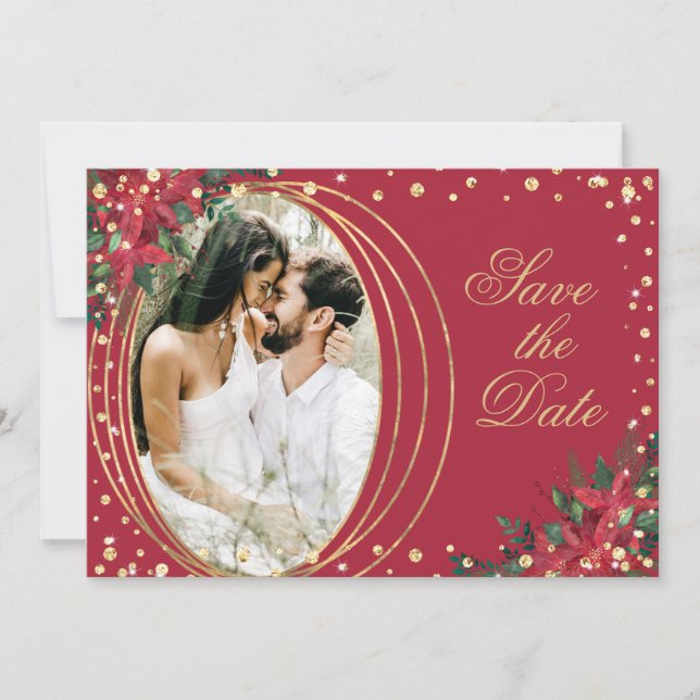 Red Gold Poinsettia Foto Weihnachtsfeier Save The Date (Vorderseite)