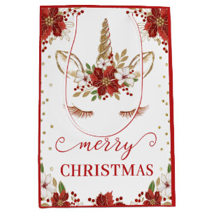 Red & Gold Poinsettia Unicorn Gesicht Frohe Weihna Mittlere Geschenktüte