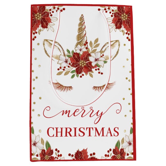 Red & Gold Poinsettia Unicorn Gesicht Frohe Weihna Mittlere Geschenktüte (Vorderseite)