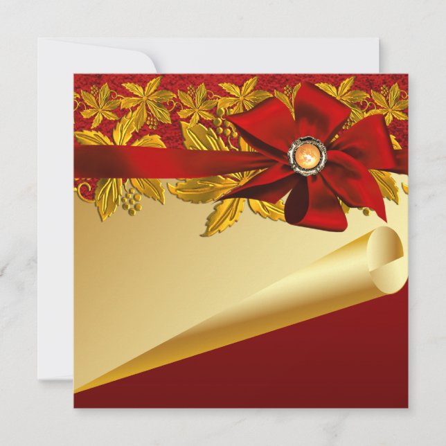 Red Gold Poinsettia Weihnachtsfest Party Einladung (Vorderseite)