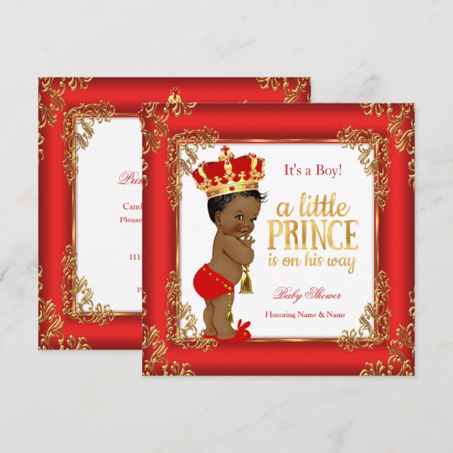 Red Gold Prince Baby Dusche Damask Ethnic Boy Einladung (Vorne/Hinten)
