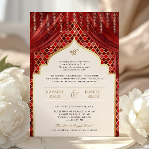 Red Gold Quatrefoil QR Code Sikh Hochzeit Einladung