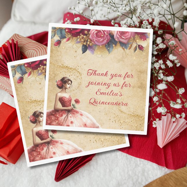 Red Gold Quinceañera Dress Event Partyware Serviette (Von Creator hochgeladen)
