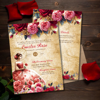 Red Gold Quinceanera Dress Vintages Parcheme Thema Einladung