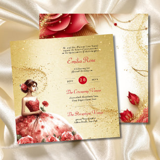 Red Gold Quinceanera Dress Zeremonie Empfang Einladung