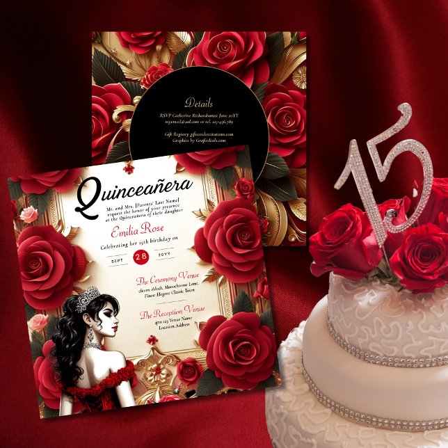Red Gold Quinceanera Dress Zeremonie Empfang Einladung (Von Creator hochgeladen)