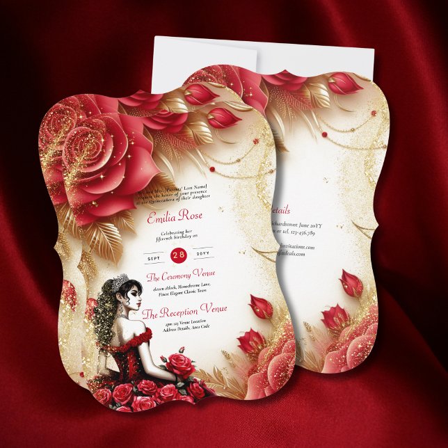 Red Gold Quinceanera Dress Zeremonie Empfang Einladung (Von Creator hochgeladen)