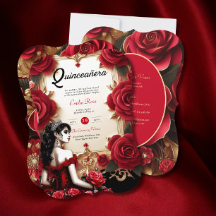 Red Gold Quinceanera Dress Zeremonie Empfang Einladung