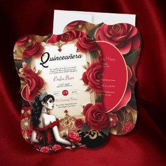 Red Gold Quinceanera Dress Zeremonie Empfang Einladung