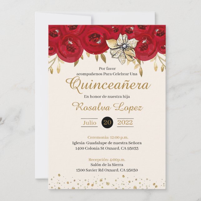 Red Gold Quinceanera Invitation Gold Red Sweet 16 (Devant)