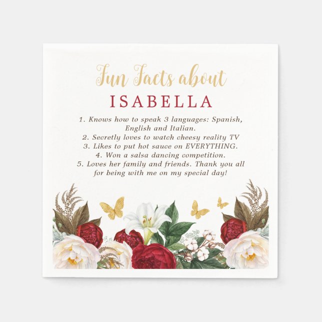 Red Gold Quinceñera Party Spaß Fakten Napkins Serviette (Vorderseite)
