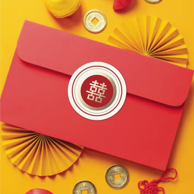 Red & Gold Rahmen Doppelglücksspiel Chinesisch Hoc Runder Aufkleber (Red & Gold Frame Double Happiness Chinese Wedding Classic Round Sticker / Envelope Seal @ fatfatin)