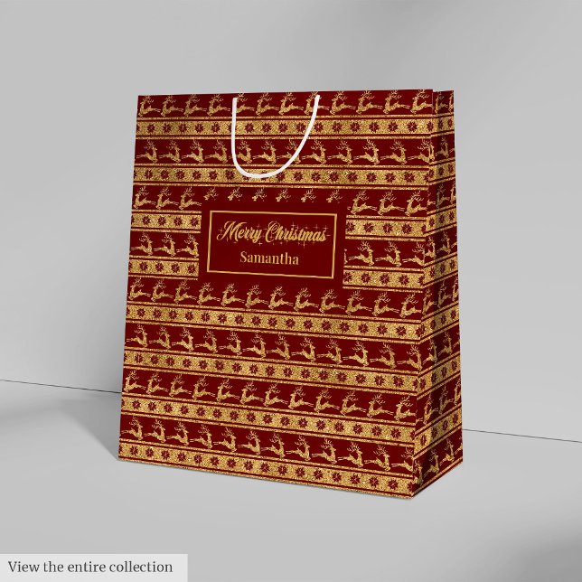 Red Gold Reindeer Luxe Merry Christmas Gift Bag Mittlere Geschenktüte (Red Gold Reindeer Luxe Merry Christmas Gift Bag)