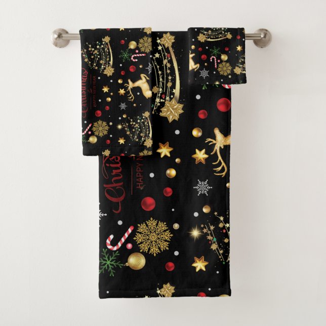 Red Gold Rentier Frohe Weihnachtsbaum Badhandtuch Set (Insitu)