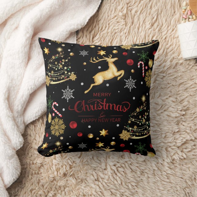 Red Gold Rentier Frohe Weihnachtsbaum Kissen (Decke)