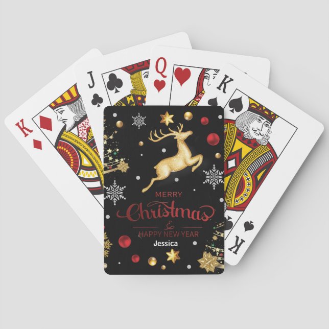 Red Gold Rentier Frohe Weihnachtsbaum Spielkarten (Rückseite)
