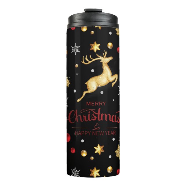 Red Gold Rentier Frohe Weihnachtsbaum Thermosbecher (Vorderseite)