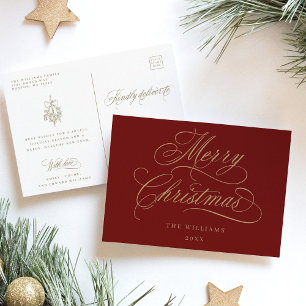 Red & Gold Romantic Frohe Weihnachts-Script-Urlaub Postkarte