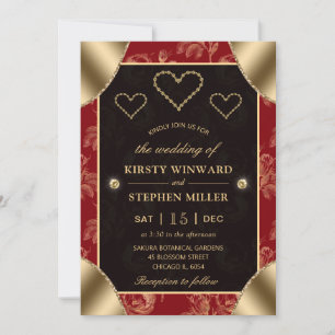 Red & Gold Rose Muster & Goldene Herzen Hochzeiten Einladung