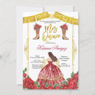 Red Gold Rose Pferde Charra Quinceañera Einladung