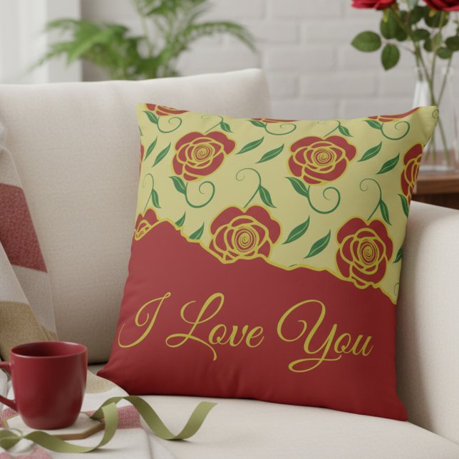 Red Gold Roses Love You Kissen (Romantic message pillow in gold and red, covered by roses. Perfect for Valentines gift.)