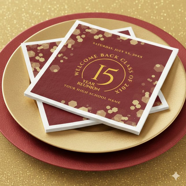 Red & Gold School College Class Serviette (Elegant 15-Year Class Reunion Red and Gold Glitter Napkins Cover Photo)