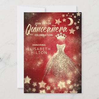 Red Gold Sequins Kleid Mondstars Quinceañera Einladung