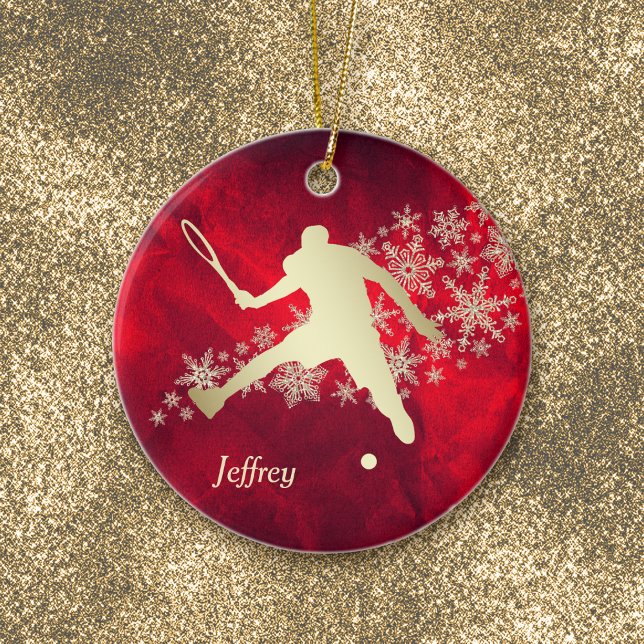 Red Gold Snowflake Malerischer Tennisspieler Keramik Ornament (Von Creator hochgeladen)