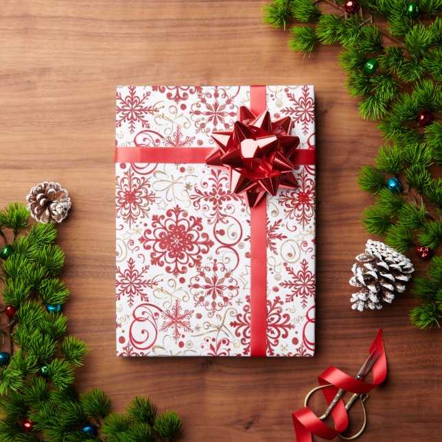 Red & Gold Snowflake Muster Geschenkpapier (Feiertagsgeschenk)